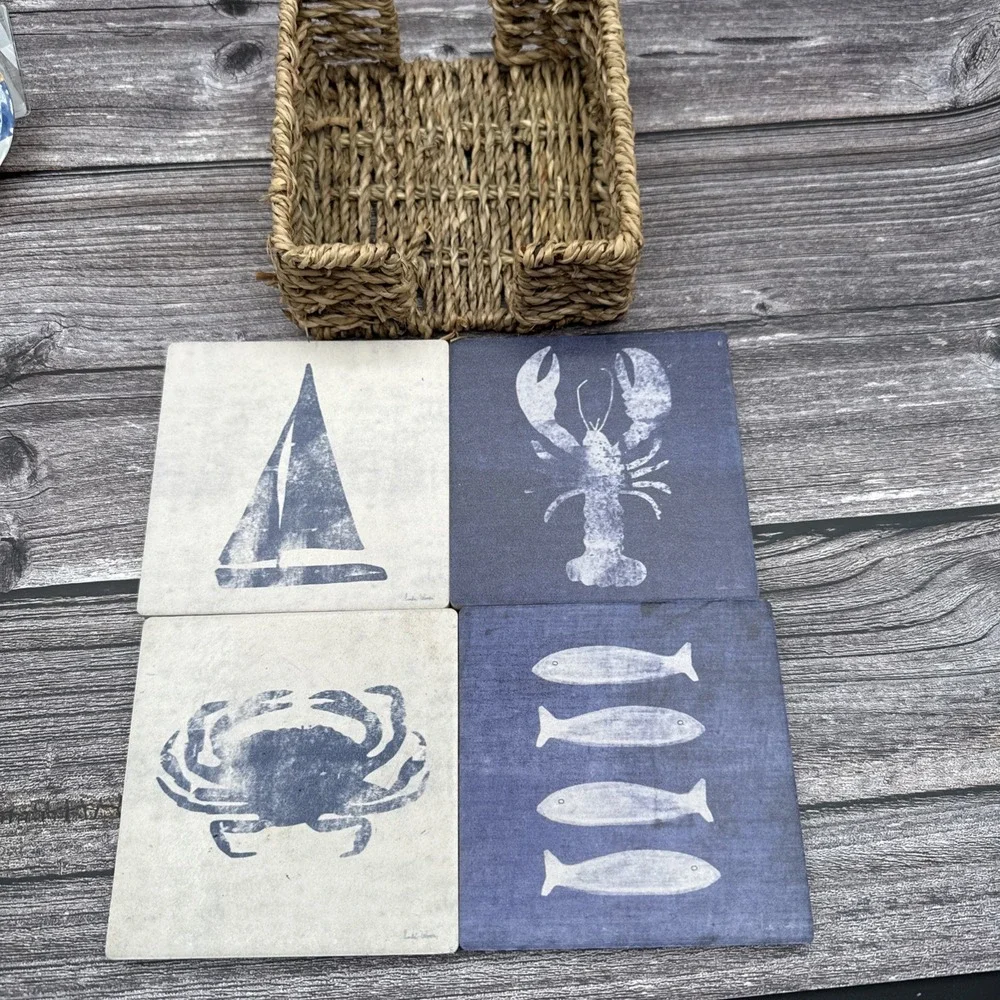 Maine Theme Coastal Indigo Nautical Set Of 4 Coasters And Basket Artist Signed